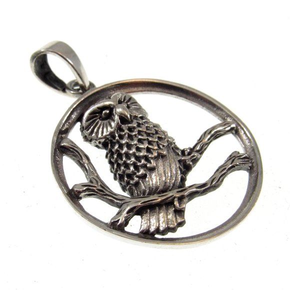 Solid 925 Sterling Silver Owl Perched on Branches Pendant - Nature Jewelry - Picture 6 of 8